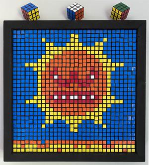 Rubik's cubes as pixel art of the angry sun from Super Mario 3.