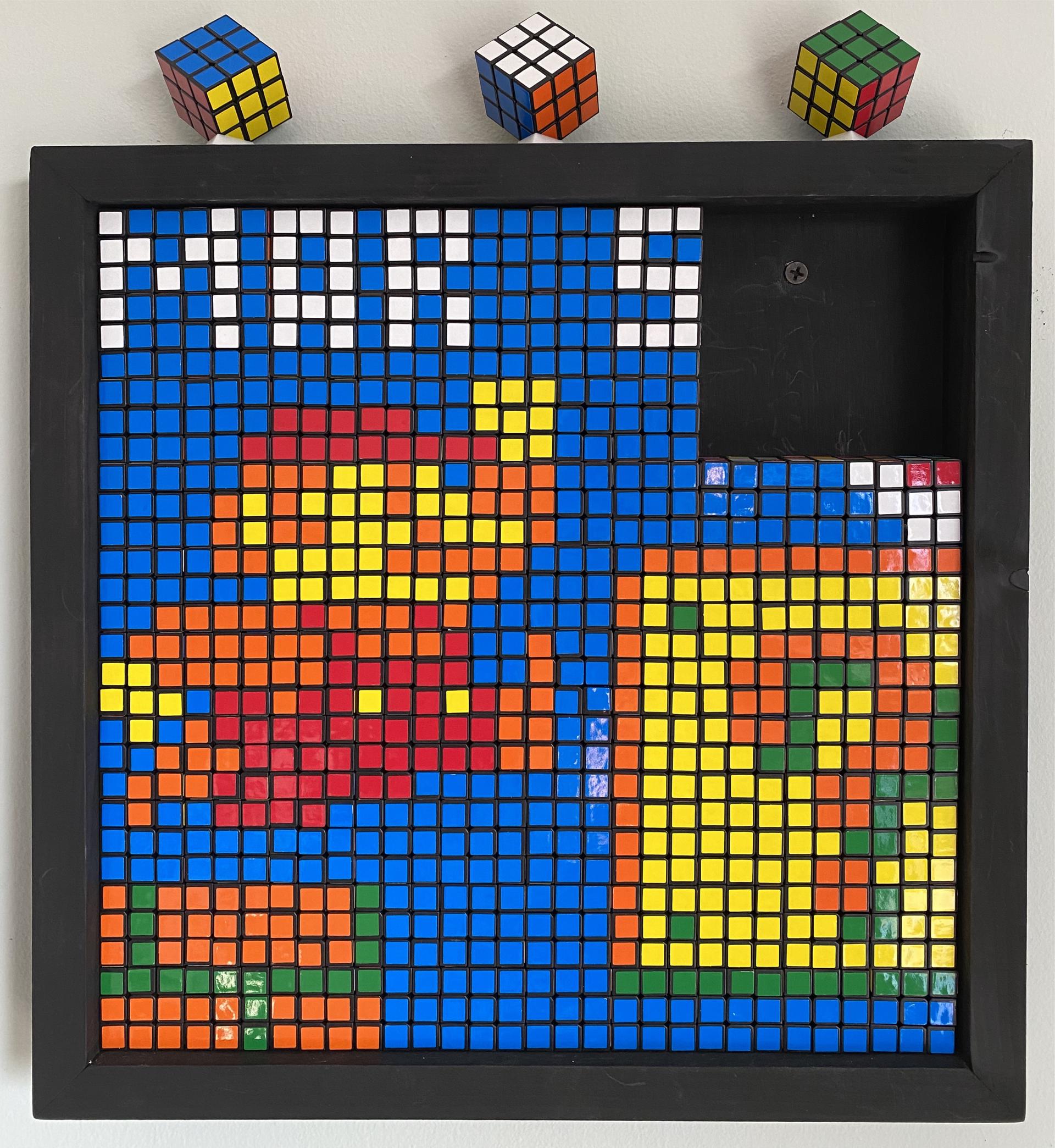 Partially built Rubik's cubes as pixel art of Super Mario jumping up to a question block for Mar 05
